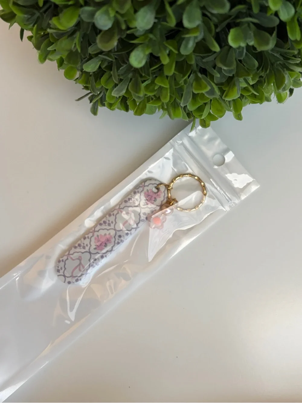 Floral Pattern Pink and White nail file Emory board Keychain